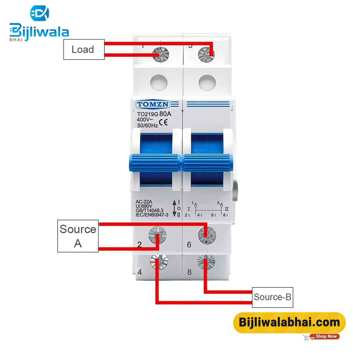 TOMZN 2P 80A breaker type manual changeover switch