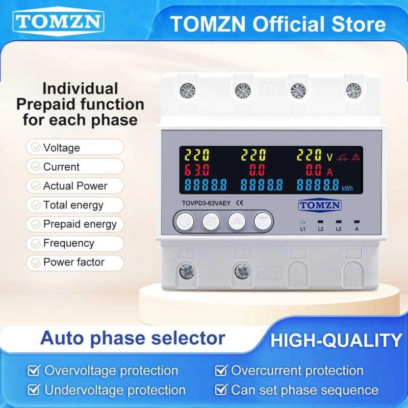 TOMZN TOVPD3-63VAEY 63A Auto Phase Selector 3 Phase to 1 Phase Prepaid Energy Meter