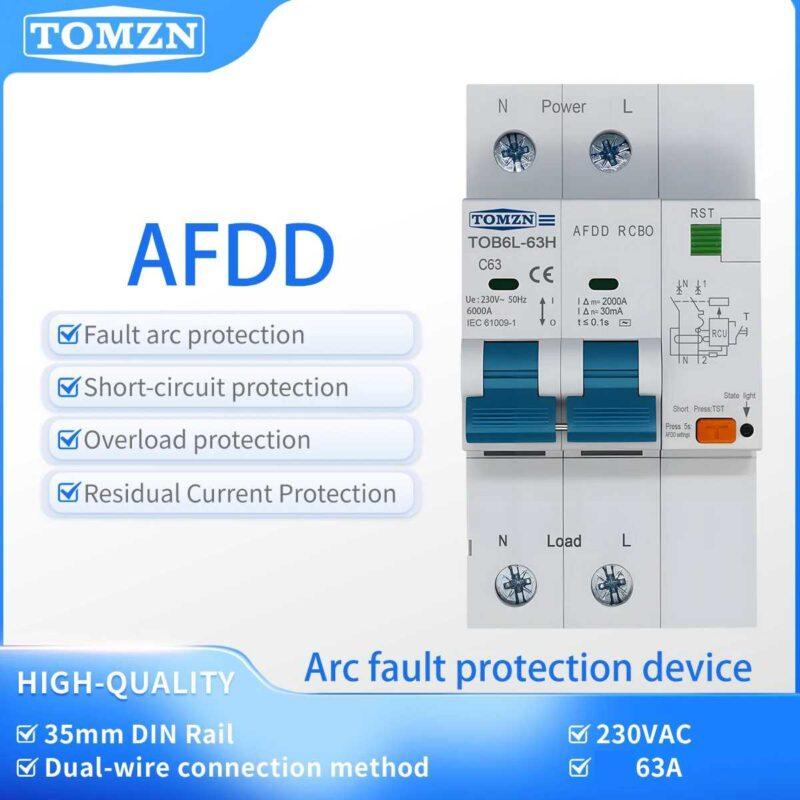 TOMZN AFDD RCBO 63A 30mA C63 – Arc Fault Detection, Overload, Short Circuit & Leakage Protection